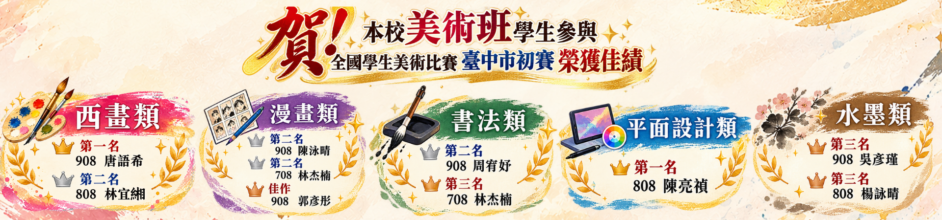 全國美術比賽台中市初賽四箴國中榮獲佳績